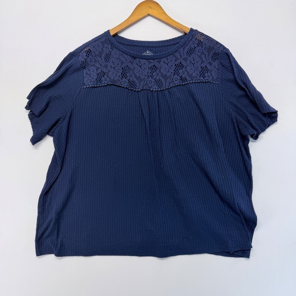 St Johns Bay Navy Blue Waffle Knit Lace Yoke Short Sleeve Top Plus Size 2X